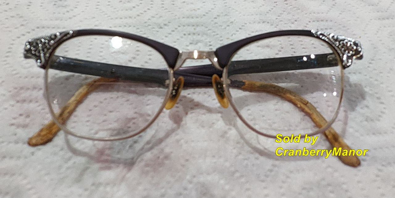 Artcraft Cat Eye Glasses Silver Overlay Vintage Black Bifocals Designer  Eyewear Eyeglasses