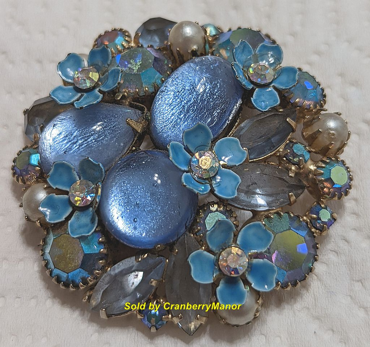 Kramer Blue Enamel Rhinestone Flower Brooch Vintage Designer Fashion Jewelry - CranberryManor Fine Antiques & Vintage