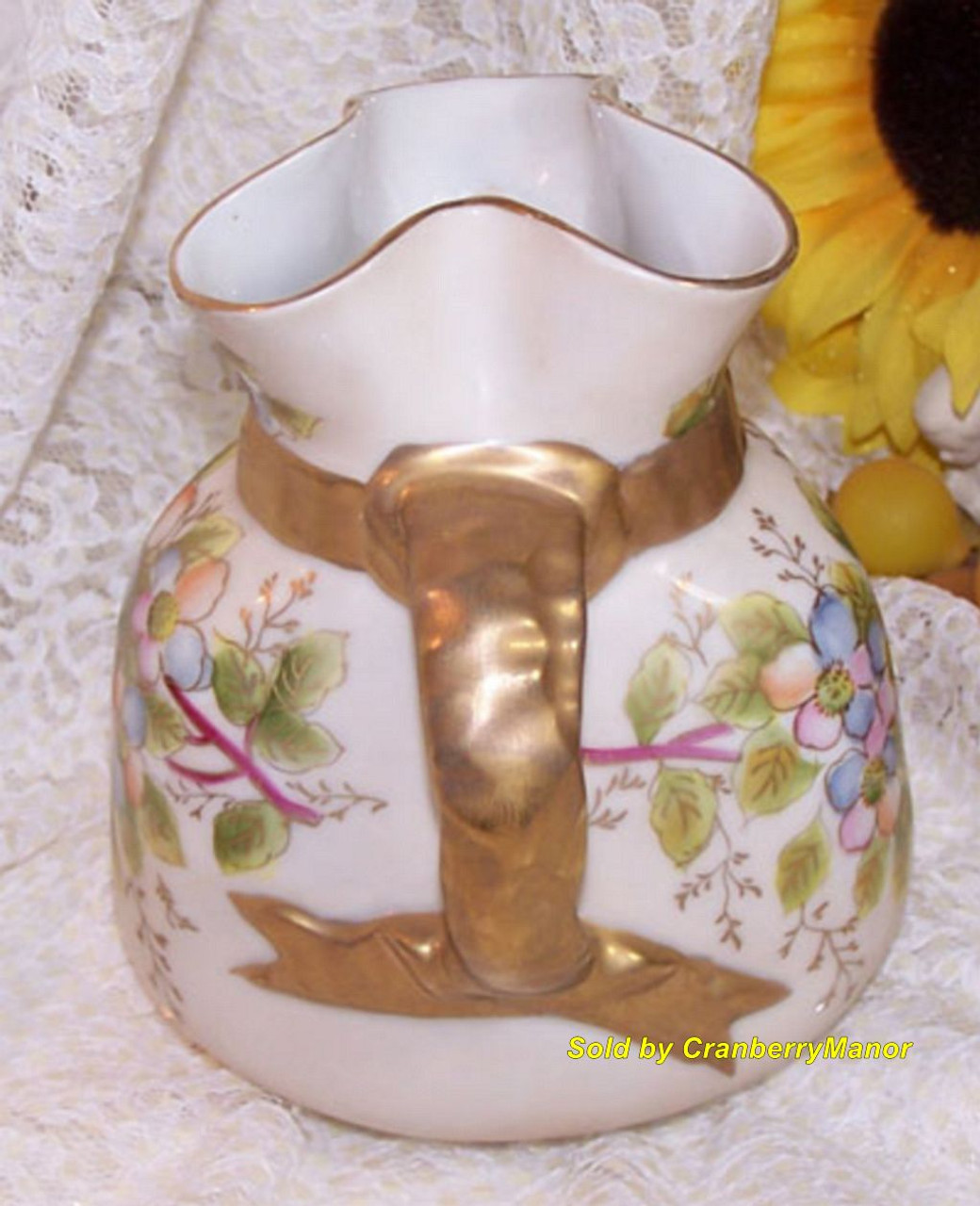 Floral Dogwood Pinched Ewer Gold Handled Vase Vintage Pottery