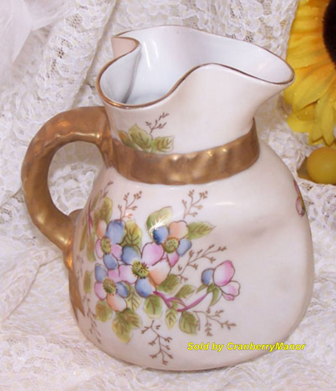 Floral Dogwood Pinched Ewer Gold Handled Vase Vintage Pottery