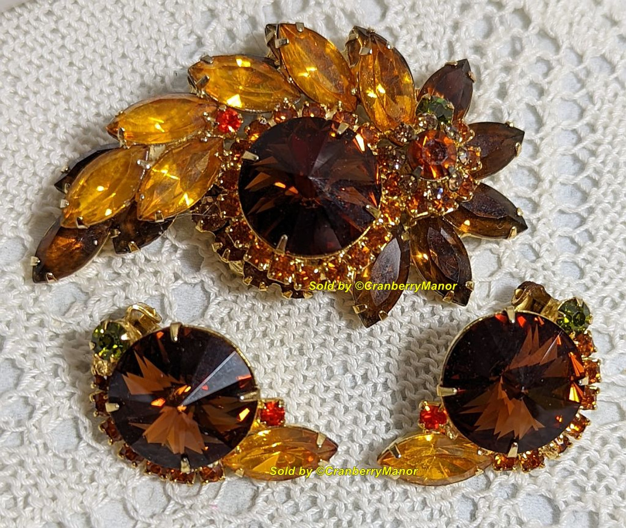 Weiss Open Work Brooch with Brown Rhinestones - Ruby Lane