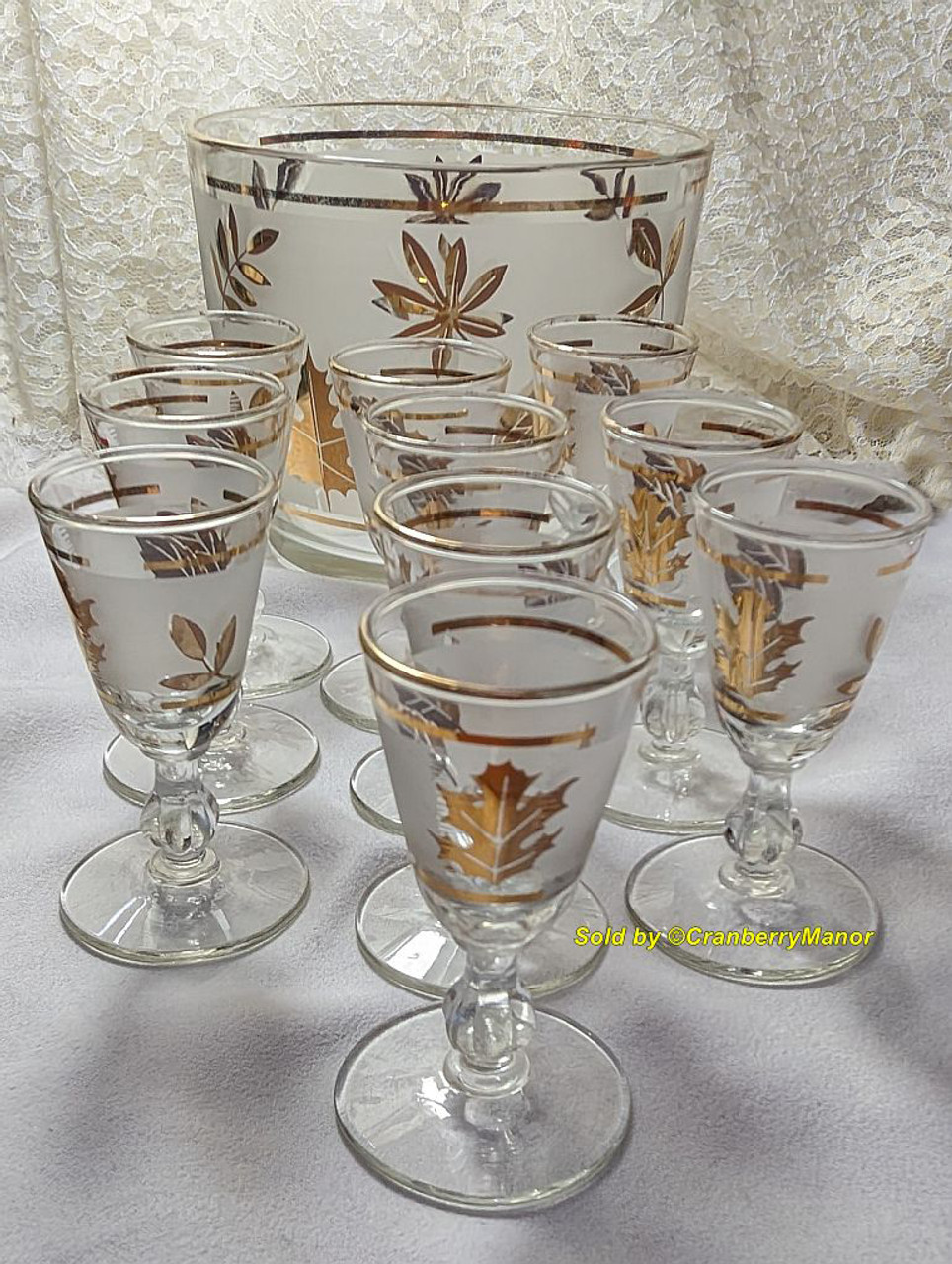 mid-century vintage Libbey gold foliage leaf print wine or cocktail glasses  set