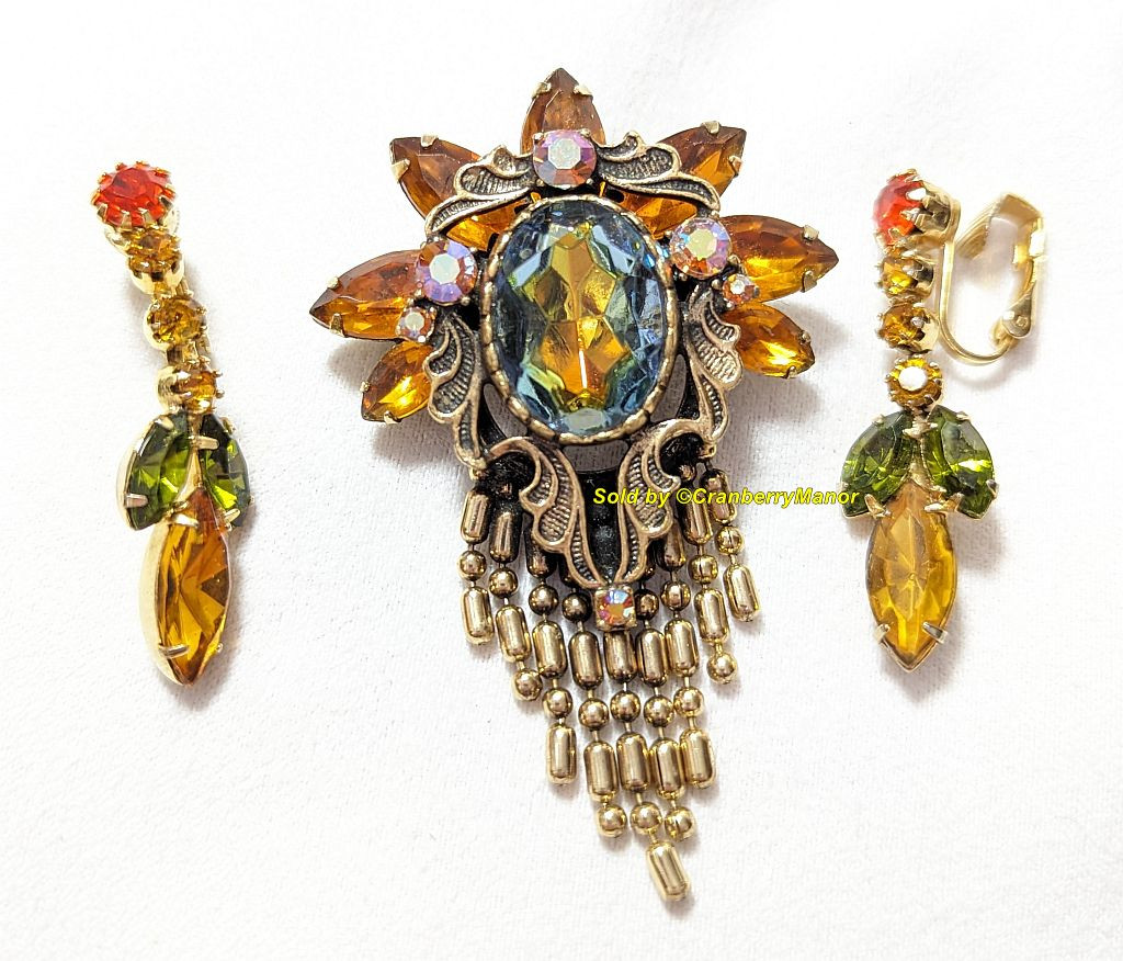 Juliana D&E Brooch Earrings Chain Art Nouveau Pin Vintage Delizza