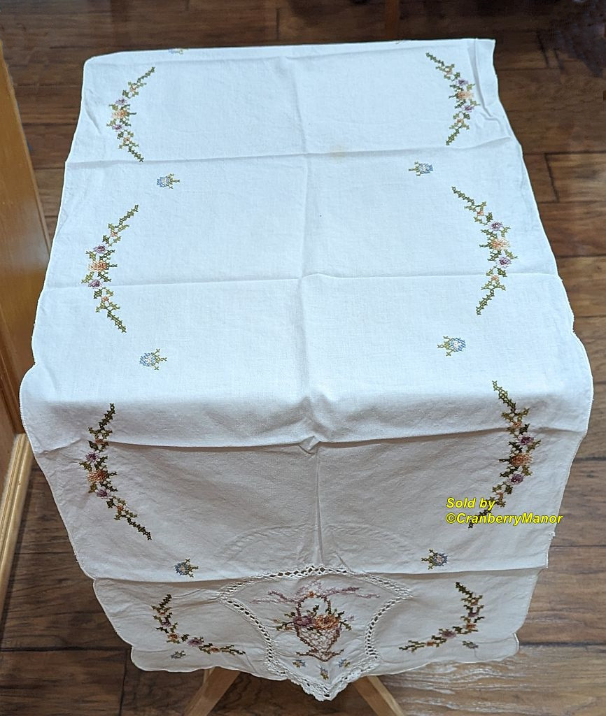 Embroider Cross Stitch Crochet Runner Table Dresser Scarf Lace Basket  Vintage Doily - CranberryManor Fine Antiques & Vintage Collectibles