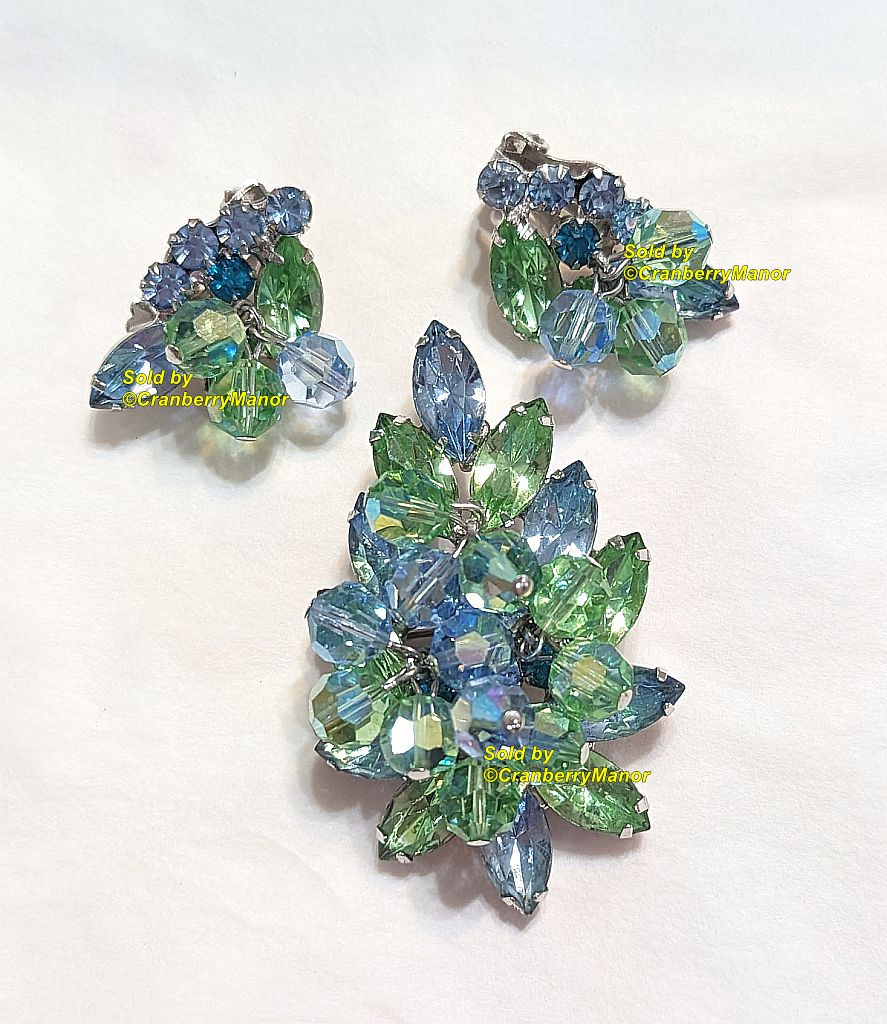Juliana D&E Brooch Earrings Blue Green Dangle Bead Pendant Pin1