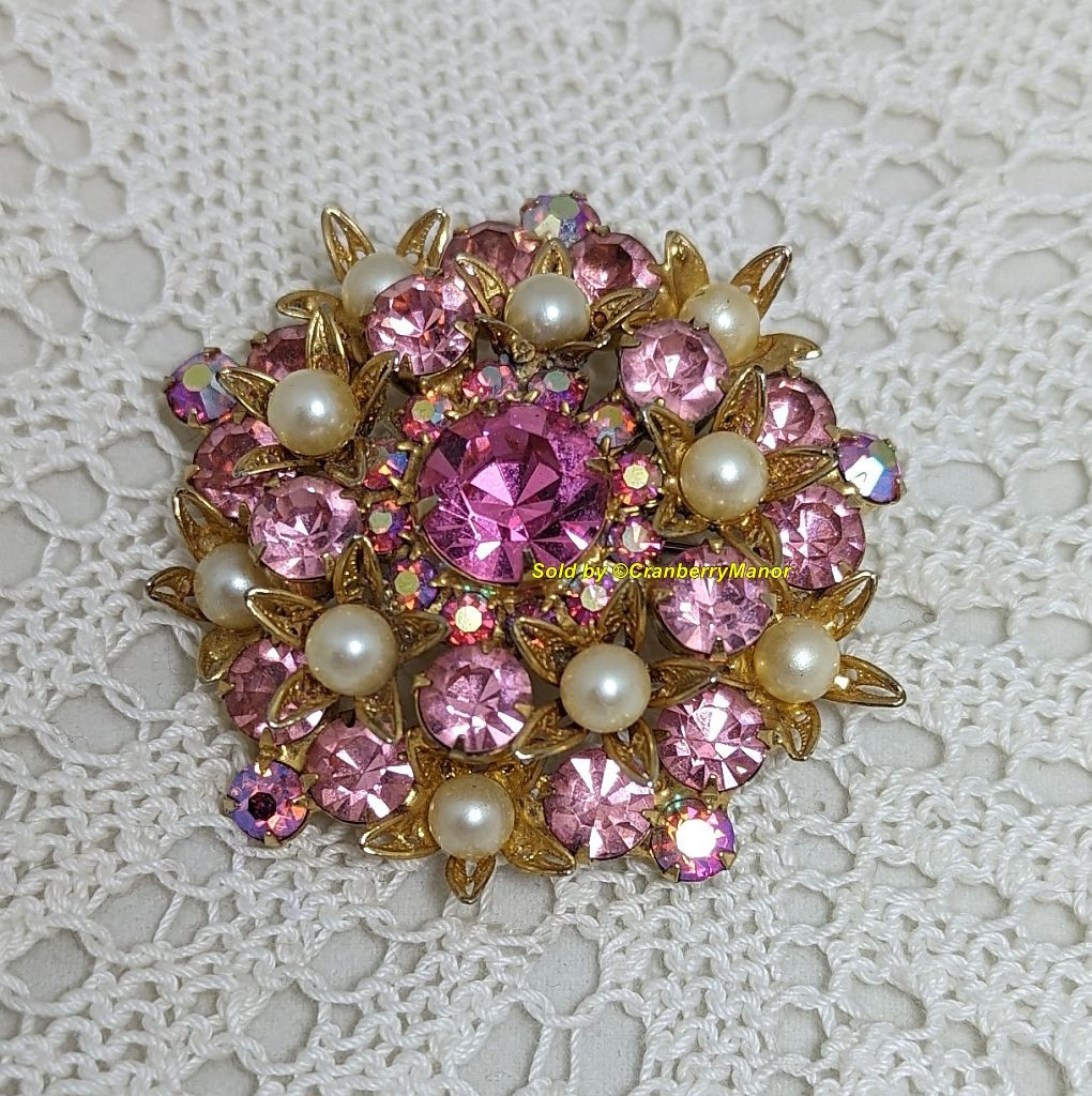 Juliana D&E Brooch Pendant Pink Pearl Filigree Pin Necklace