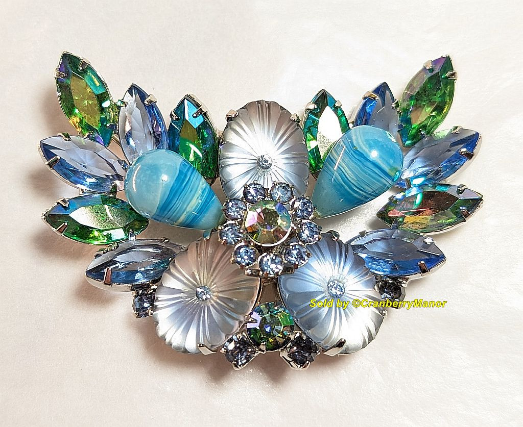 Juliana D&E Brooch Pillowcase Glass Bead Pin Blue Green Jewelry