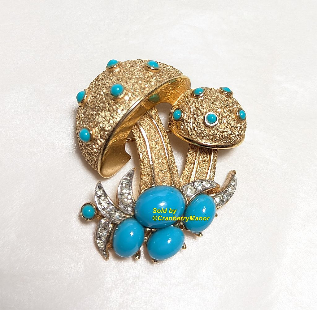 Crown Trifari Brooch Mushroom Pin Blue Glass Jewelry Vintage