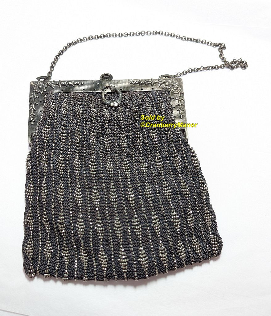 Marcasite Art Nouveau Bead Purse Black Metal Frame Bag Antique