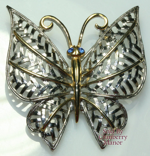 Avon Sapphire Blue Rhinestone Filigree Butterfly Brooch Vintage