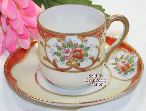 Occupied Japan Demitasse Tea Cup Saucer Rose Moriage Vintage Mid Century Post-War Designer China