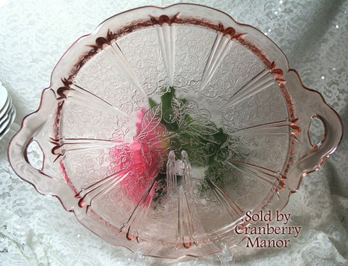 Jeannette Glass Cherry Blossom Cake Plate Pink Depression Platter Vintage Designer Tray