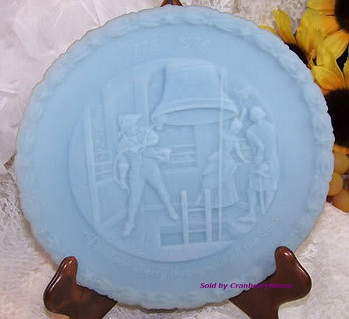 Fenton Blue Satin Bicentennial Commemorative Plate #4 Liberty Bell 4th of July Vintage Designer Glass