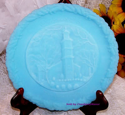 Fenton Blue Satin Christmas In America Plate St John's Church Vintage Designer Art Glass