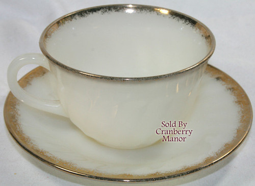 Fire King Anchor Hocking Tea Cup Saucer Ivory Swirl Golden Anniversary Vintage Designer Milk Glass