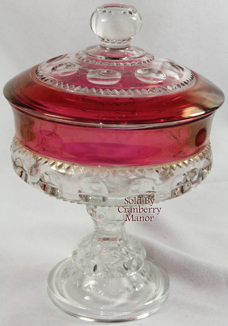 Indiana Tiffin King's Crown Thumbprint Glass Ruby Red Dish Compote Lid Vintage Designer Bowl
