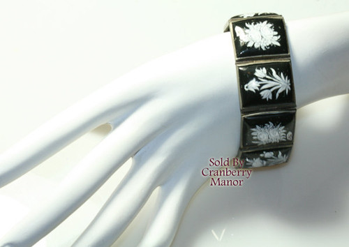 Black & White Enameled Flower Persian Bracelet on Silver Vintage