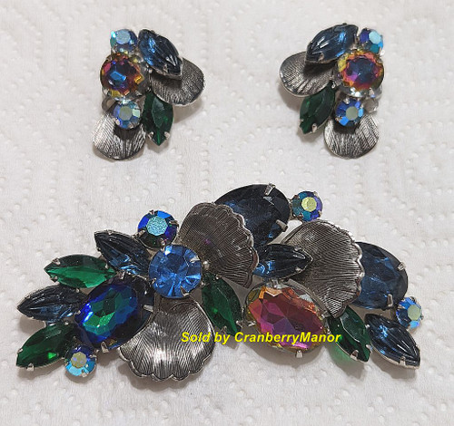 Metal Leaf Brooch Earrings Sapphire Emerald Watermelon Pin Vintage Book Demi Parure