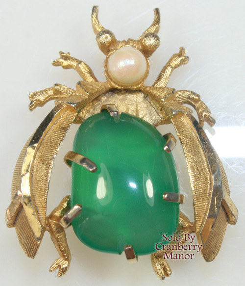 BSK Brooch Pearl Beetle Bug Pin Green Mid Century Vintage Designer Jewelry Gift