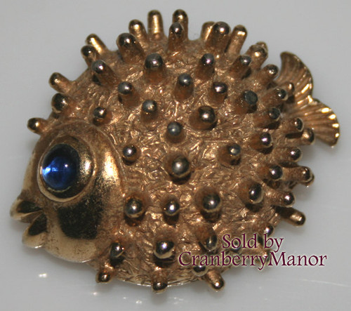 Castlecliff Sapphire Blue Rhinestone Puffer Fish Brooch Vintage Designer Fashion Jewelry