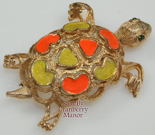 Florenza Turtle Brooch Orange Yellow Enameled Tortoise Brooch Vintage Designer Jewelry