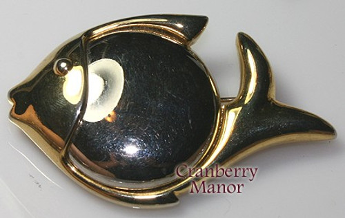 Liz Claiborne Hematite Fish Brooch Vintage 1980s Designer Fashion Jewelry Gift