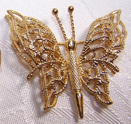 Monet Gold Filigree Butterfly Brooch Vintage
