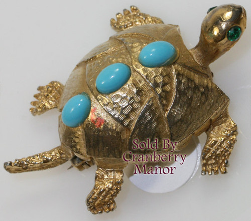 Pell Rhinestone Turquoise Turtle Tortoise Brooch Vintage