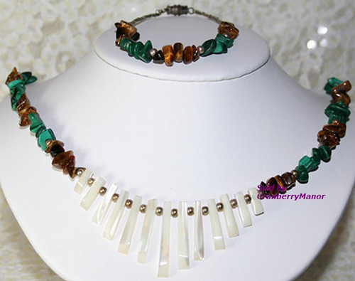 Mother Pearl Tiger Eye Malachite Fetish Necklace Bracelet Vintage Jewelry