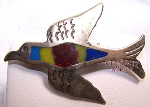 Taxco Mexico Sterling Brooch Silver Inlaid Rainbow Bird Pin Vintage Designer Jewelry Gift