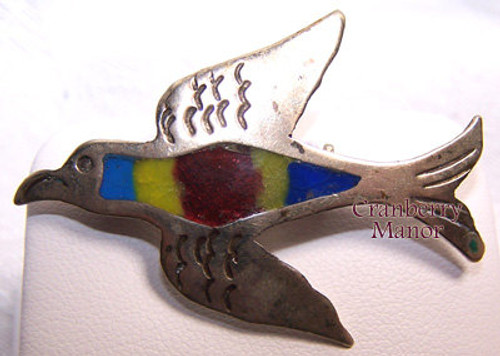 Taxco Mexico Sterling Silver Inlaid Rainbow Bird Brooch Vintage Designer Jewelry