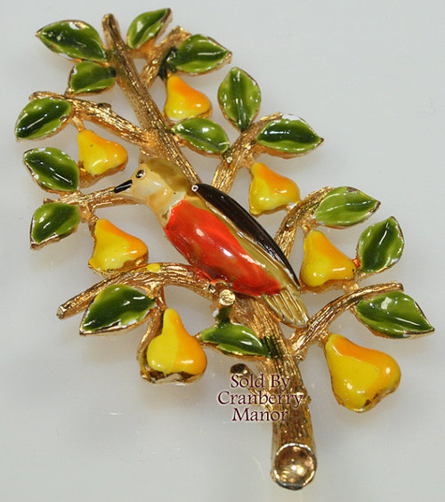 Cadoro Brooch Partridge in a Pear Tree Christmas Vintage Designer Jewelry