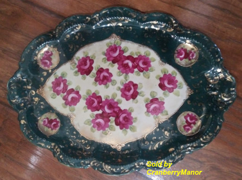 Green Gold Rose Display Plate Hand Painted Floral Dish Vintage China