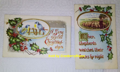 2 Christmas Antique Embossed Postcard Bird Shepherd Holly Berry