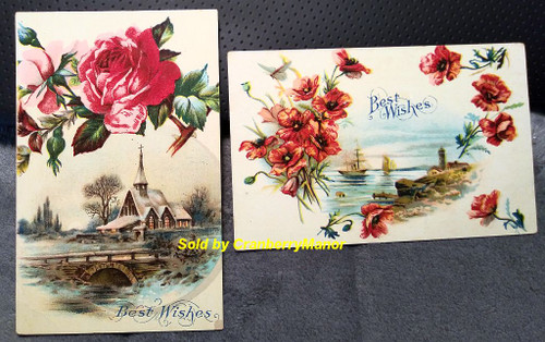 Lot 2 Best Wishes Rose Floral Church & Boat Postcard Antique