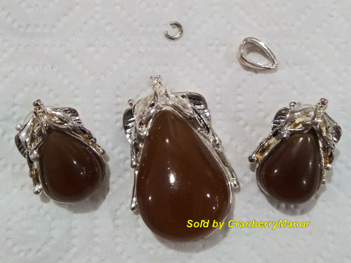 Amber Brown Silver Pear Pendant Earrings Vintage Jewelry