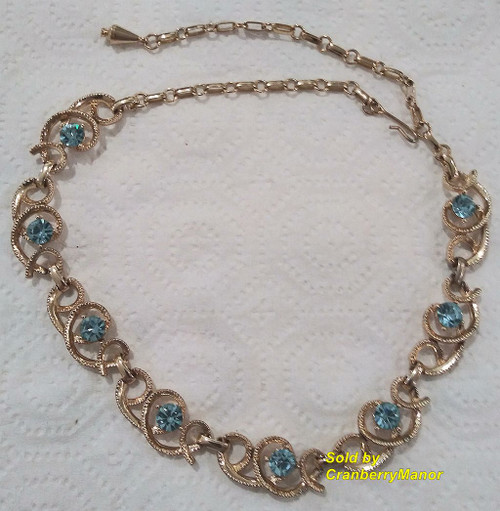 Aquamarine Necklace Blue Textured Gold Jewelry Vintage Fashion Gift