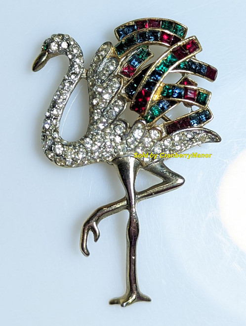 Rainbow Rhinestone Flamingo Brooch Vintage Fashion Jewelry