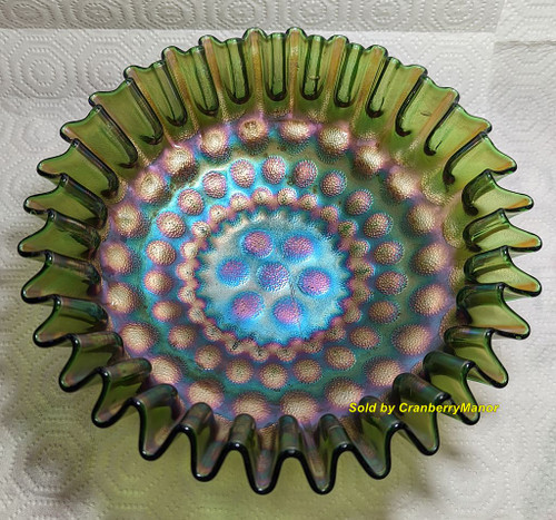 Fenton Coin Westmoreland Pearly Dot Green Carnival Glass Bowl Vintage Designer