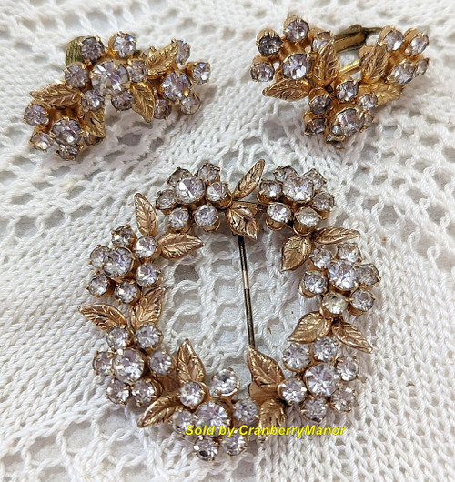 Crystal Rhinestone Golden Leaf Brooch Earrings Vintage Fashion Jewelry