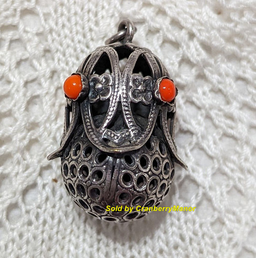 Silver Coral Etruscan Revival Pendant Cannetille Charm Vintage Fashion Jewelry