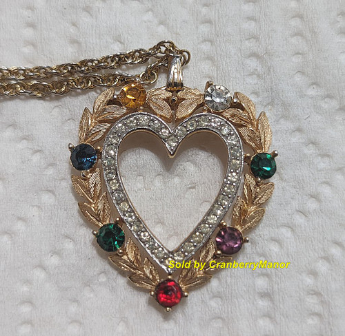Crown Trifari Dearest Rhinestone Heart Pendant Necklace Vintage Designer Fashion Jewelry