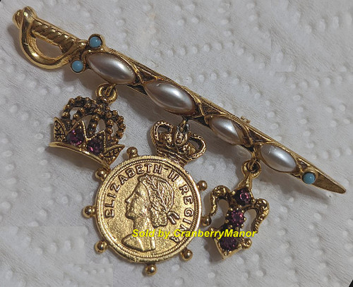 Florenza Queen Elizabeth II Rhinestone Moonstone Sword Crown Charm Brooch Vintage Designer Jewelry