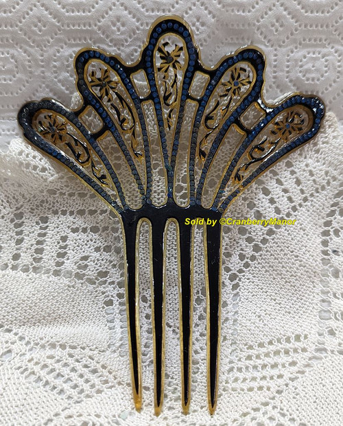 Carved Celluloid Sapphire Blue Rhinestone Enameled Hair Comb Vintage Antique Accessory