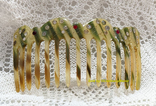 Green Striped Celluloid Rhinestone Hair Comb Vintage Antique Accessory