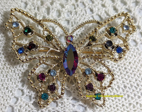 Dodds Brooch Butterfly Pin Red Blue Green Jewelry Vintage Fashion Designer Gift