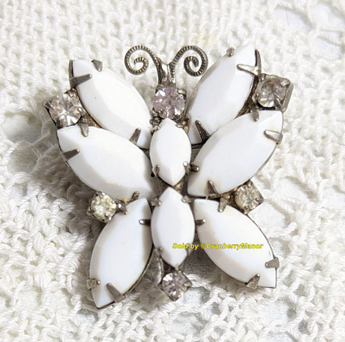 Milk Glass Rhinestone Butterfly Brooch Vintage Fashion Jewelry