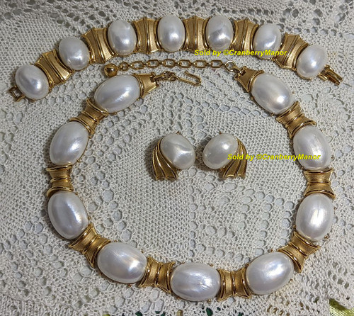 Trifari Pearl Necklace Bracelet Earrings Vintage Designer Jewelry