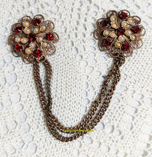 Ruby Red Pearl Sweater Brooch Rhinestone Clip Pin Cloak Cape Guard Vintage Jewelry