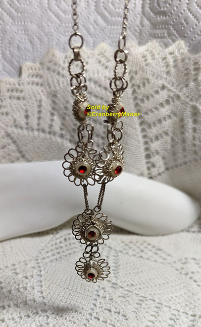 Czech Ruby Red Necklace Wire Work Vintage Fashion Jewelry